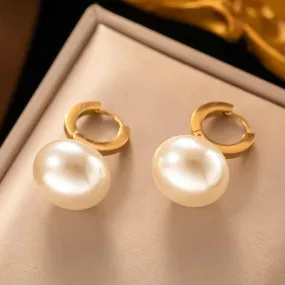 Baby Pink Button Pearl 18K Gold Drop Hoop Bali Earring for Women