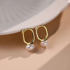 Ball Pearl White 18K Gold Anti Tarnish Hoop Drop Earring Pair For Women