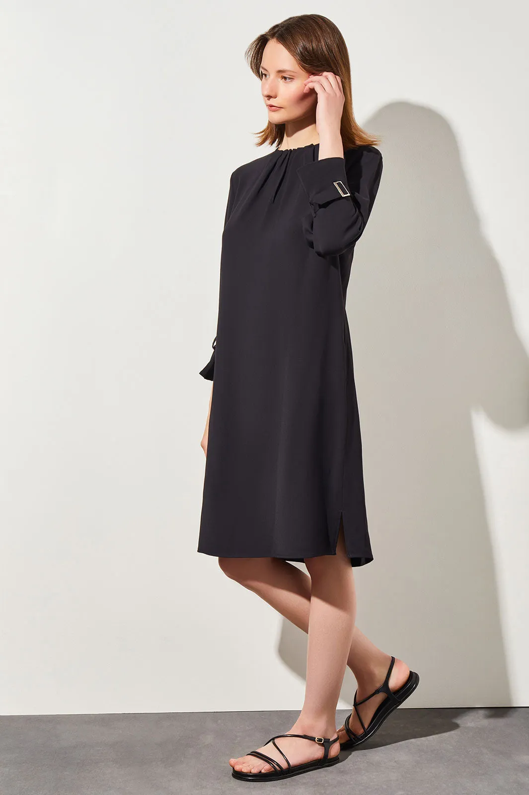 Bell Sleeve Crepe Shift Dress