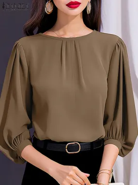 ZANZEA Women Elegant 3/4 Lantern Sleeve Solid Blouse Casual Office Work Tops Female Loose Party Blusas 2024 Fashion Summer Shirt